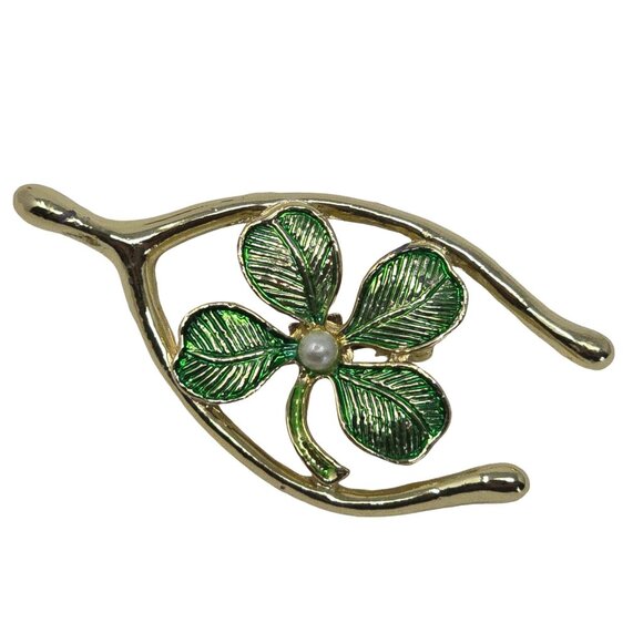 Gerry's Jewelry - Vintage Gerry’s Lucky Wishbone Brooch Green Clover Faux Pearl Gold Tone
